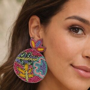 Kay Lee New York | Handmade Beaded Floral Motif Drop Earrings – Pink Multi - NWT
